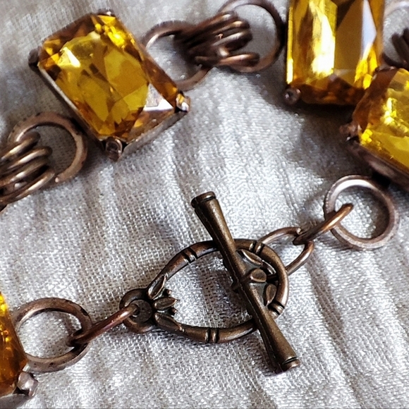 Vintage Link Bracelet Golden Honey Topaz Emerald Cut Stones Toggle Clasp - Picture 8 of 11